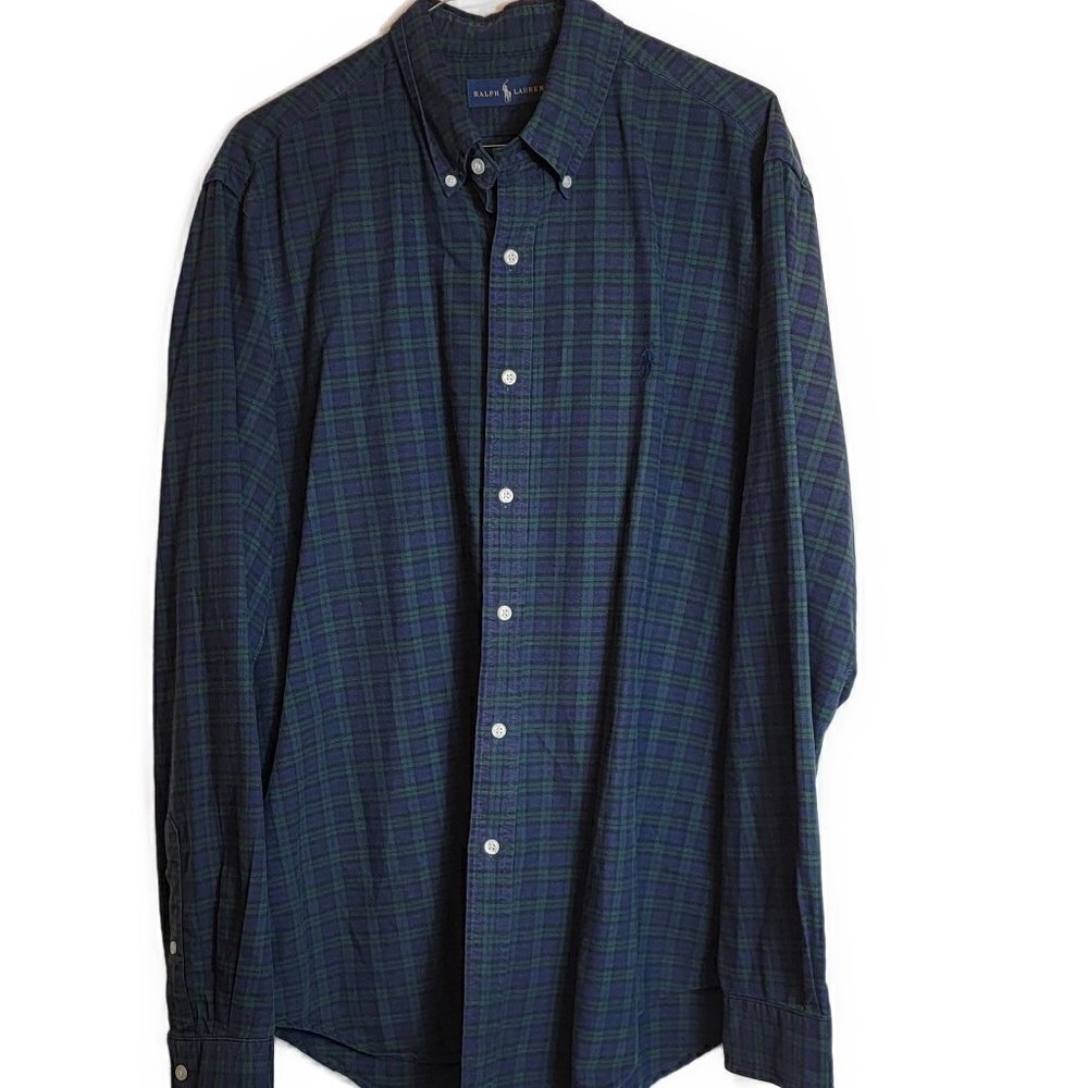 Ralph Lauren 100% Cotton Navy/Green Long Sleeve Plaid Shirt - sz L